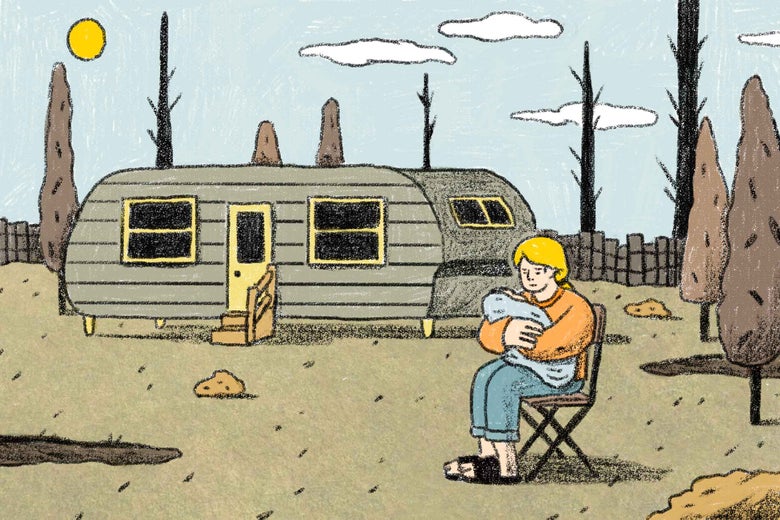 Illustration: A woman cradles a baby in her arms outside a trailer.